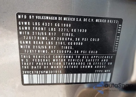 2023 Volkswagen Taos 1.5T S из США, поврежденный, VIN 3VVCX7B26PM301915